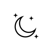 Lunaticalis moon logo. It's a black lineart of waning crescent moon with three stars or sparkle. The sparkles are positioned on top left corner, bottom right corner, and top right that's just a little bit down from the corner.